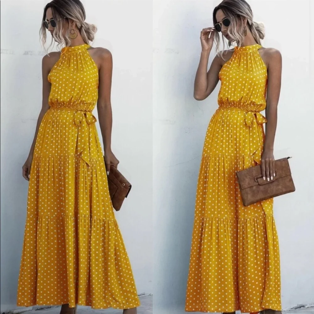 Boho Gypsy Dot Halter Maxi Dress New - Picture 2 of 4